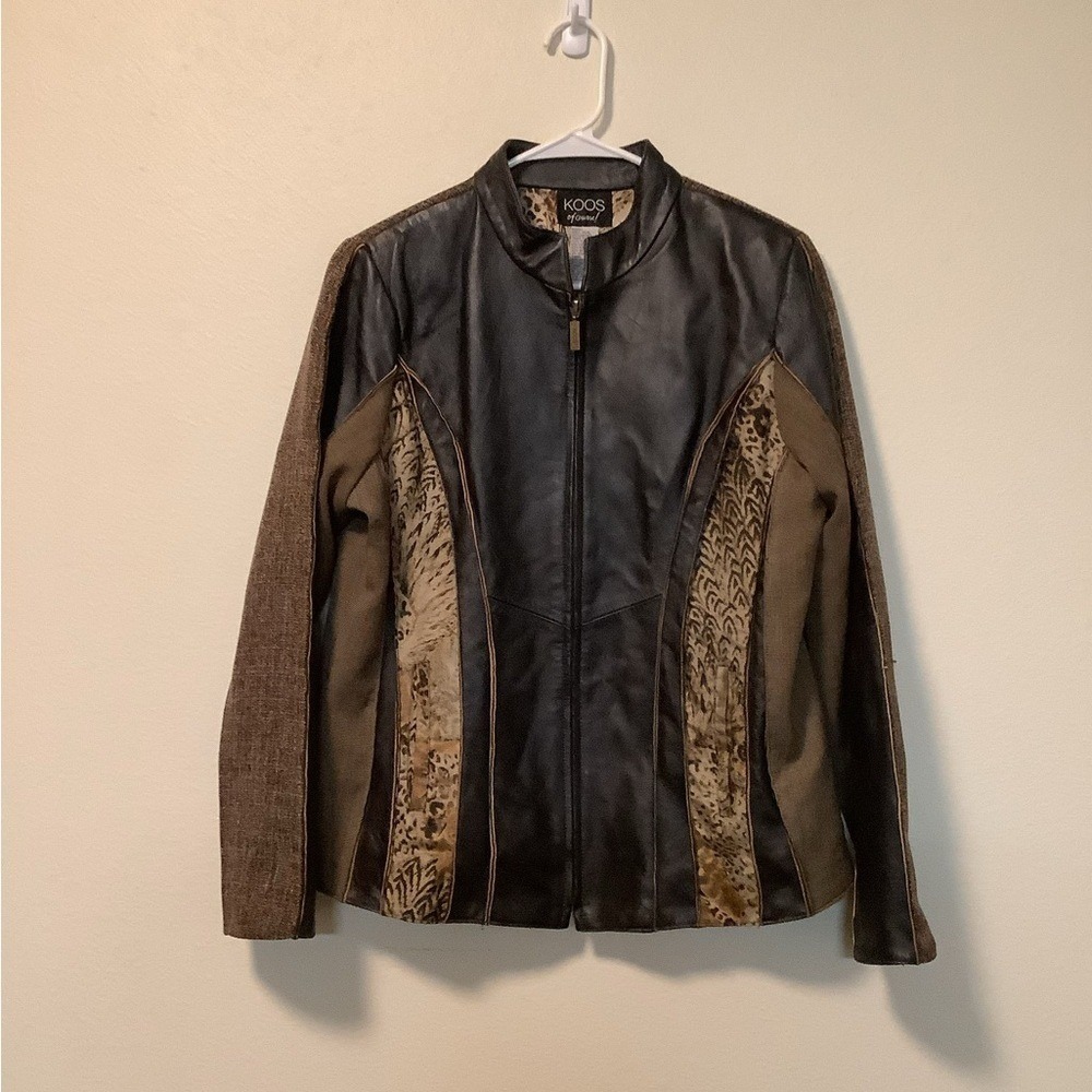 Koos Of Course Womens Leather Tweed‎ Animal Print Mixed Media Zip Jacket Brown M